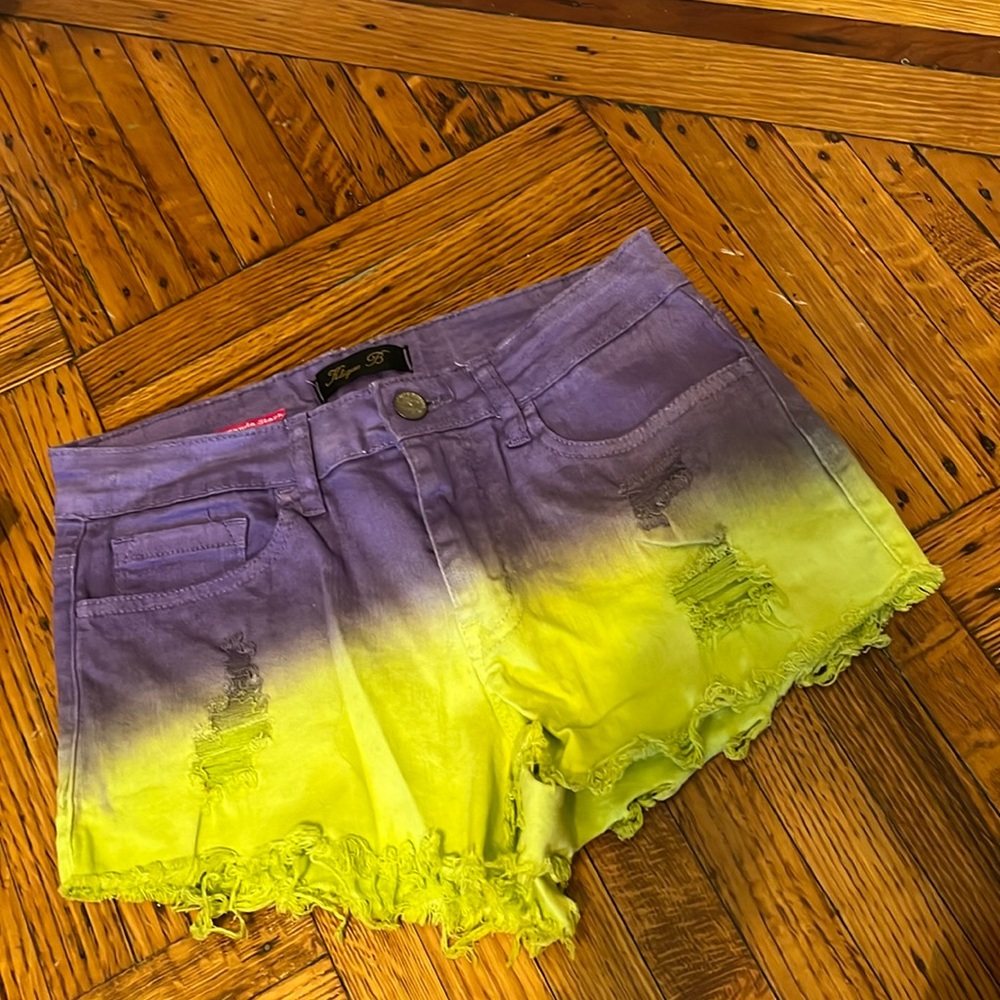 purple and green tie dye jean shorts